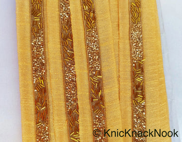 Beige Fabric Trim With Gold Bugle Beads Embellishments, Beaded Trim, Approx. 38mm